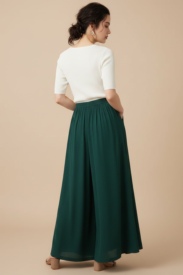 Pantalon Fluide Vert Émeraude Ample Taille Élastiquée Élégant - Viscose - vue 2
