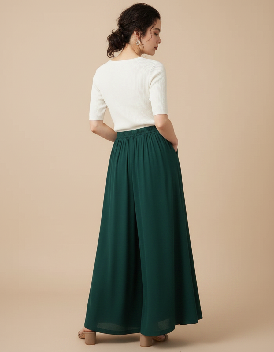 Pantalon Fluide Vert Émeraude Ample Taille Élastiquée Élégant - Viscose - vue 2