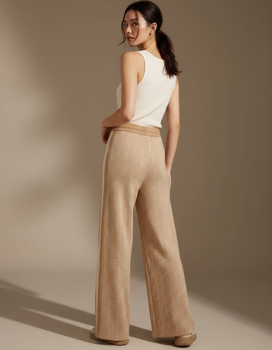 Pantalon Fluide Beige Maille Ample Cordon Chevron Femme - vue 2