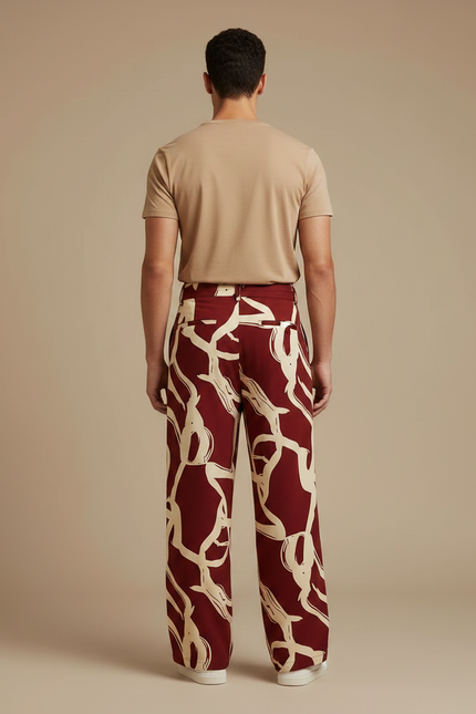 Pantalon Fluide Imprimé Abstrait Rouge Ample Décontracté - Bordeaux Viscose - vue 2