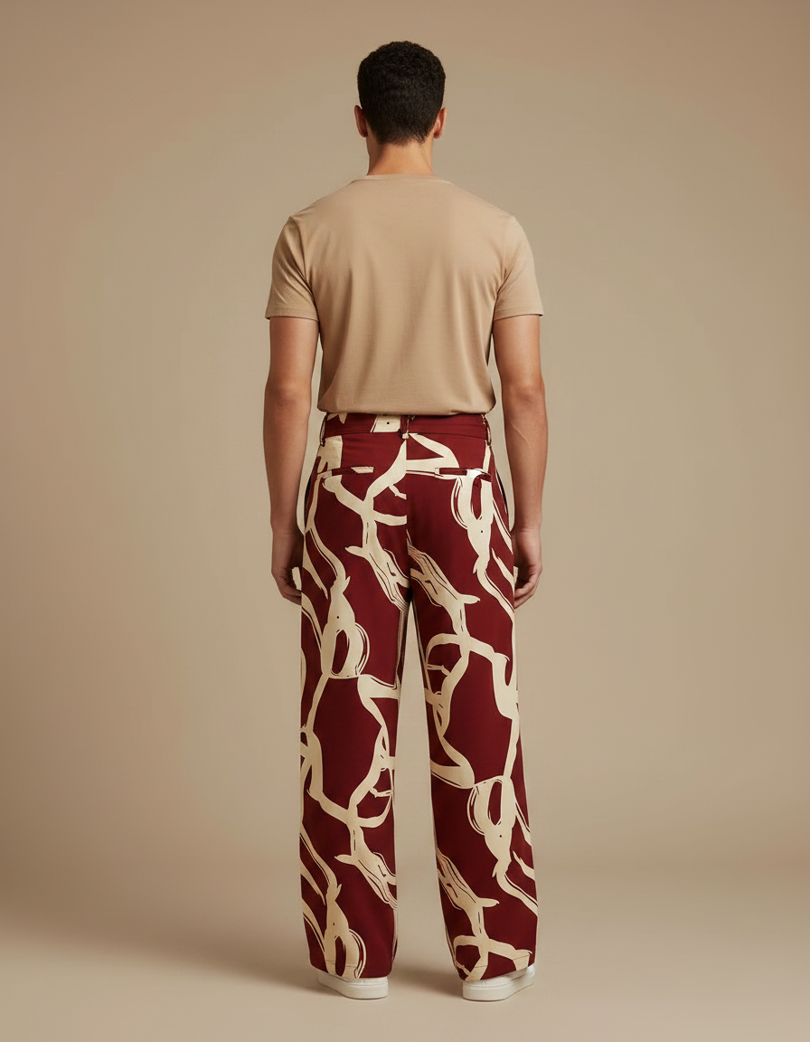 Pantalon Fluide Imprimé Abstrait Rouge Ample Décontracté - Bordeaux Viscose - vue 2