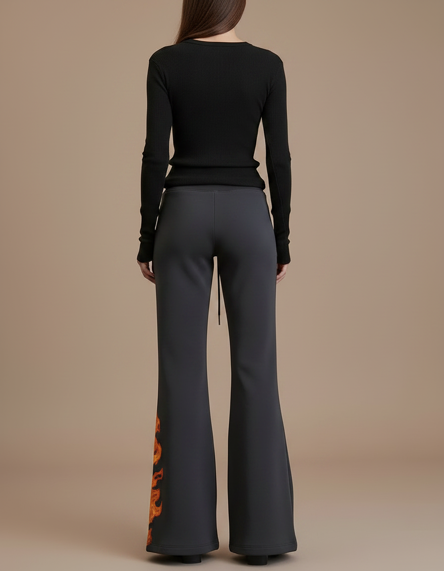 Pantalon Fluide Gris Évasé Flammes Taille Haute Confortable - Molleton - vue 2