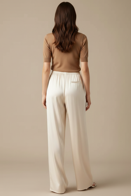 Pantalon Fluide Satiné Crème Ample Élégant Femme - Beige - vue 2