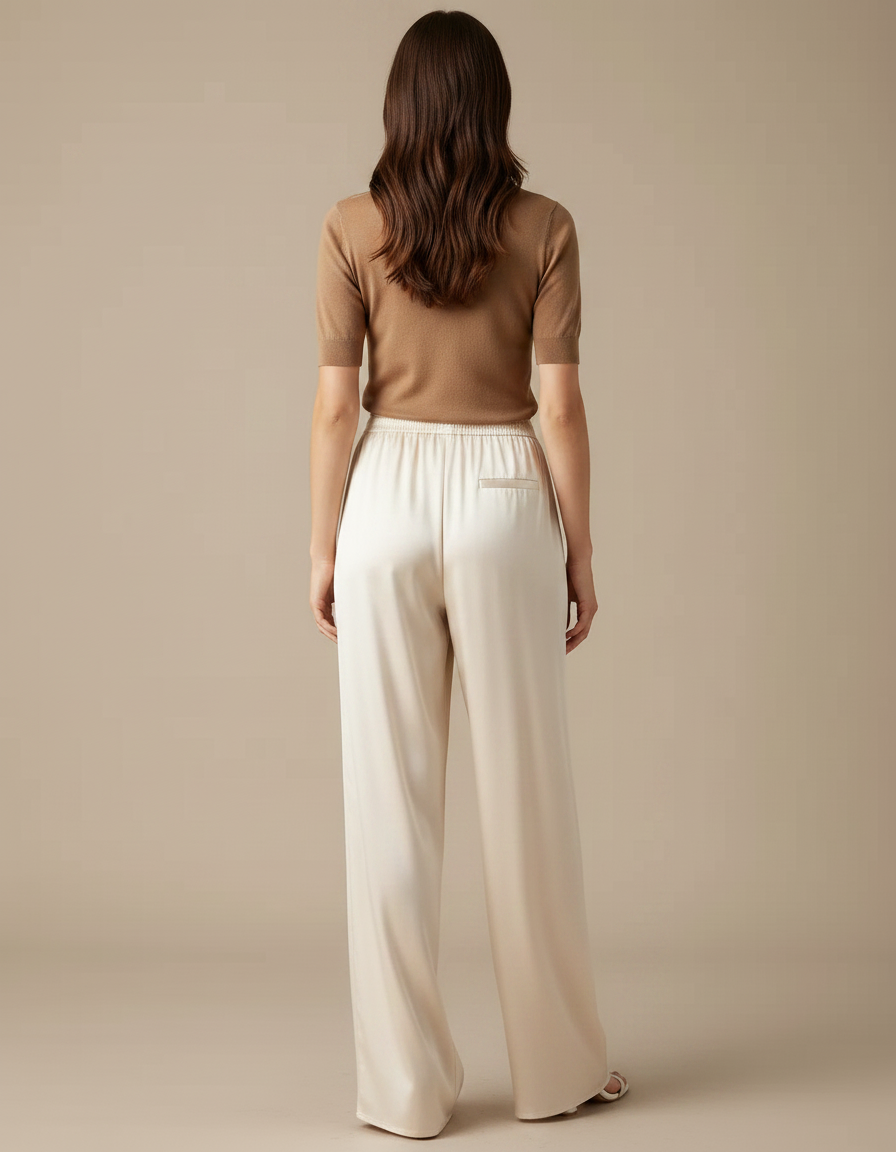 Pantalon Fluide Satiné Crème Ample Élégant Femme - Beige - vue 2
