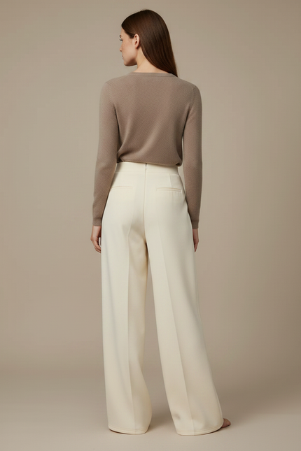 Pantalon Fluide Crème Ample Taille Haute Élégant Femme - Beige Polyester - vue 2