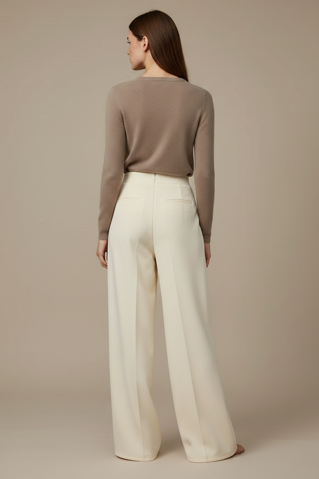 Pantalon Fluide Crème Ample Taille Haute Élégant Femme - Beige Polyester - vue 2