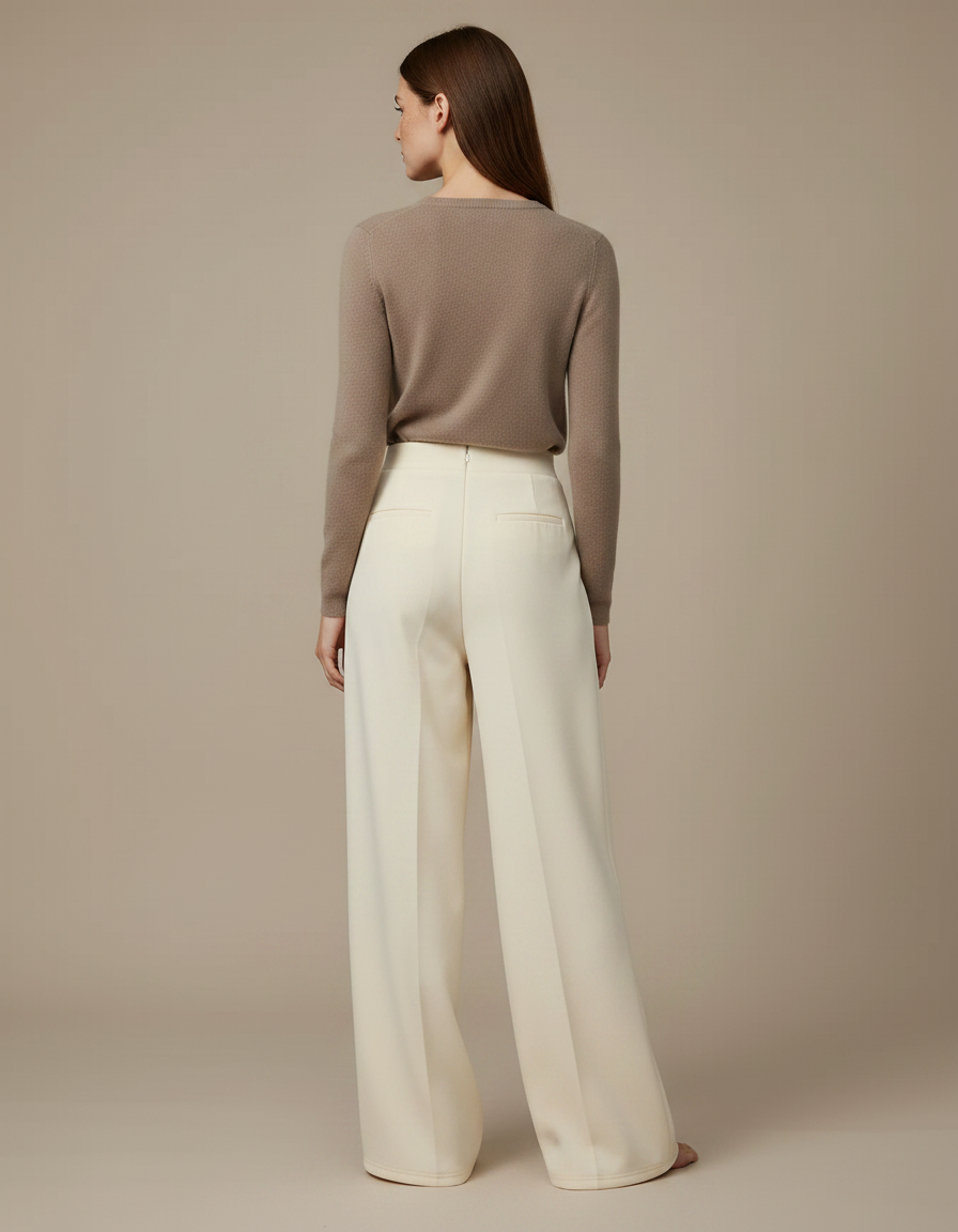 Pantalon Fluide Crème Ample Taille Haute Élégant Femme - Beige Polyester - vue 2