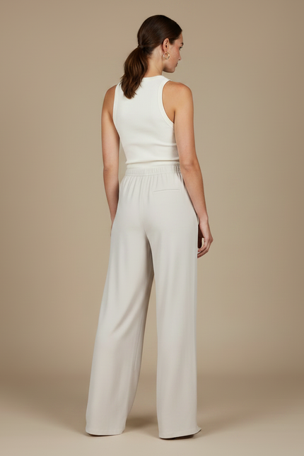 Pantalon Fluide Écru Ample Taille Élastiquée Élégant - Beige Viscose - vue 2