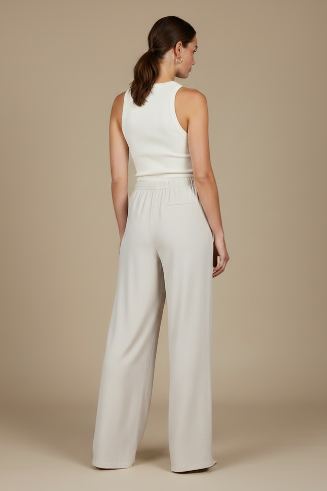 Pantalon Fluide Écru Ample Taille Élastiquée Élégant - Beige Viscose - vue 2