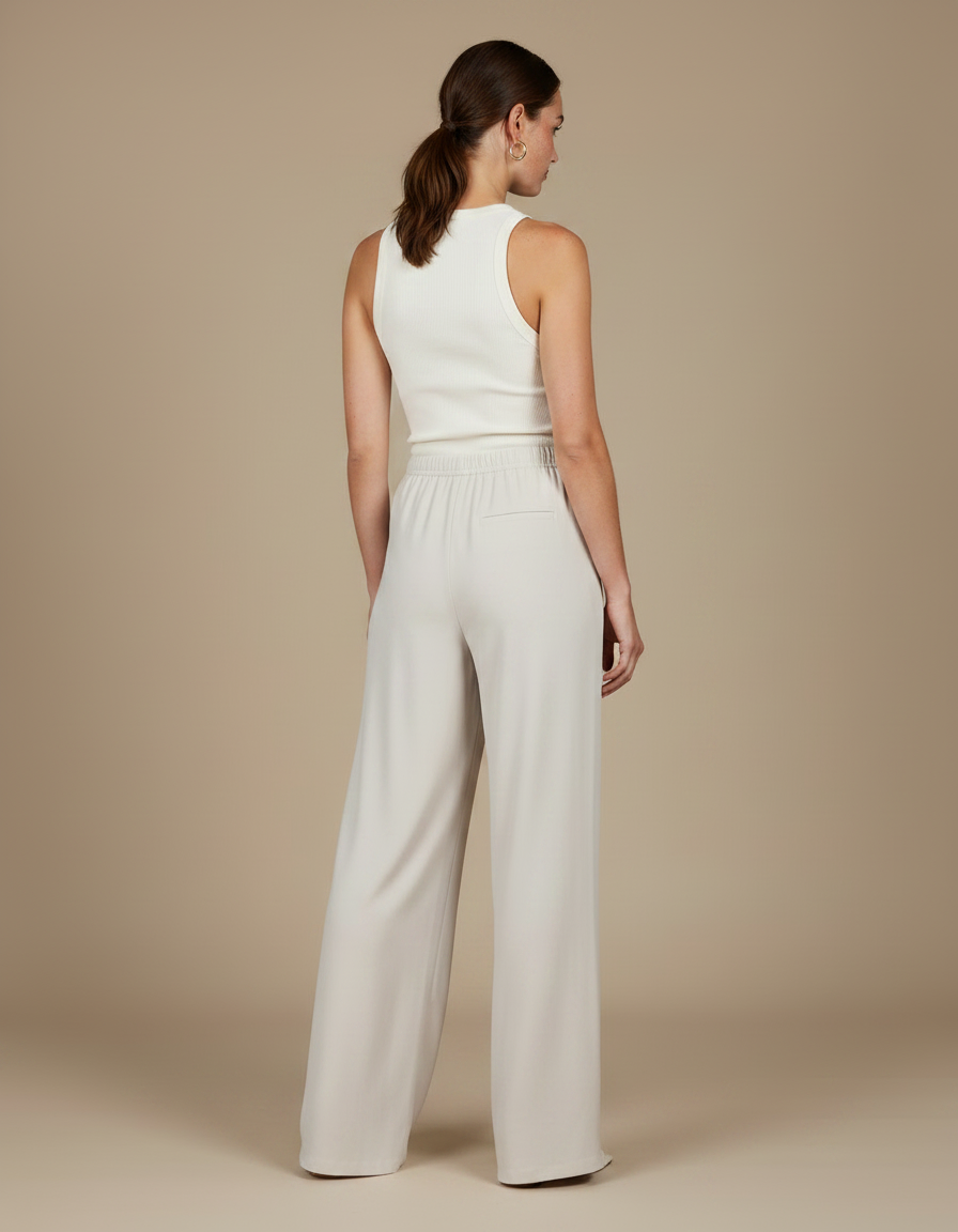 Pantalon Fluide Écru Ample Taille Élastiquée Élégant - Beige Viscose - vue 2