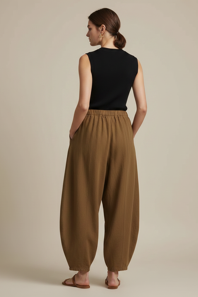 Pantalon Fluide Marron Ample Coton Lin Élégant - Kaki - vue 2