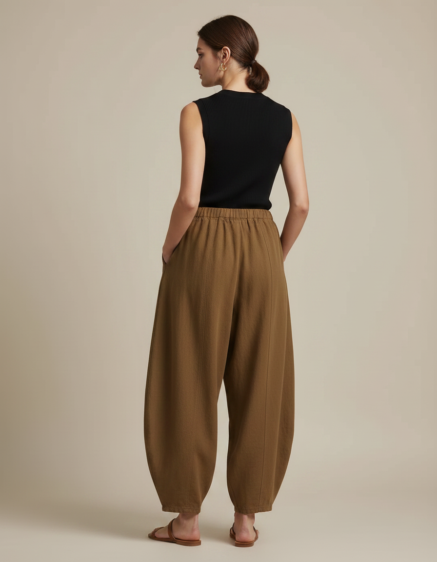 Pantalon Fluide Marron Ample Coton Lin Élégant - Kaki - vue 2