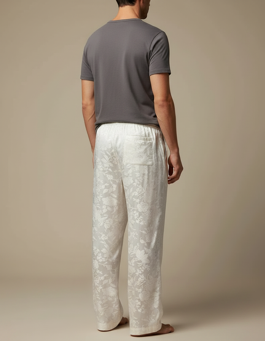 Pantalon Fluide Blanc Ample Jacquard Satiné Homme Élégant - vue 2