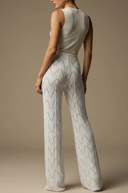 Pantalon Fluide Blanc Tricoté Évasé Creux Élégant - Maille - vue 2