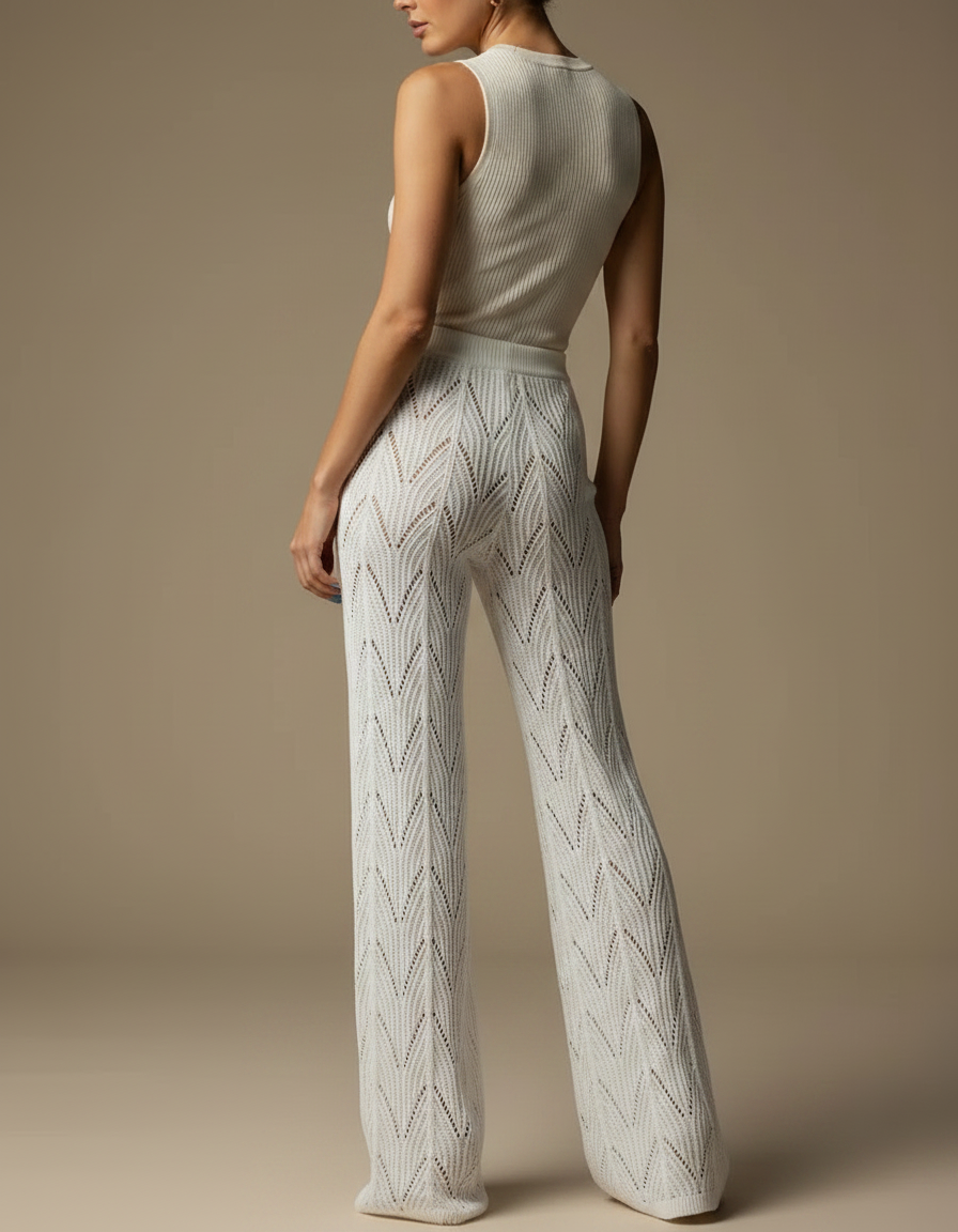 Pantalon Fluide Blanc Tricoté Évasé Creux Élégant - Maille - vue 2