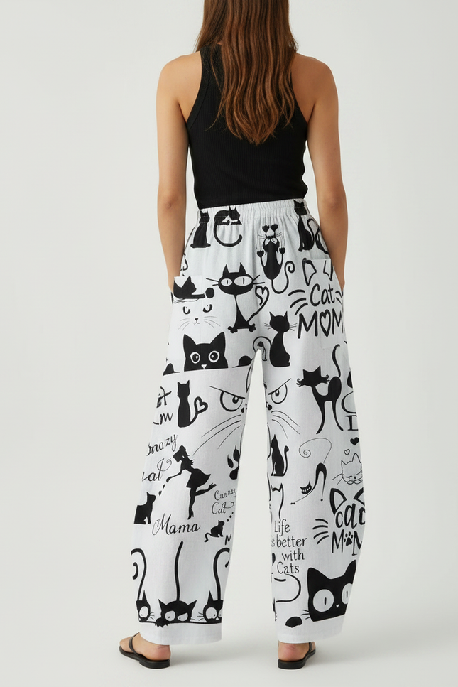Pantalon Fluide Blanc Ample Imprimé Chats Décontracté - Viscose - vue 2