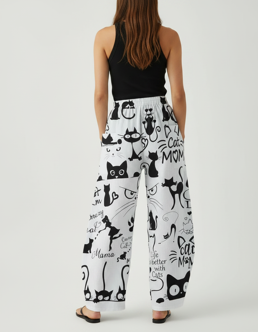 Pantalon Fluide Blanc Ample Imprimé Chats Décontracté - Viscose - vue 2