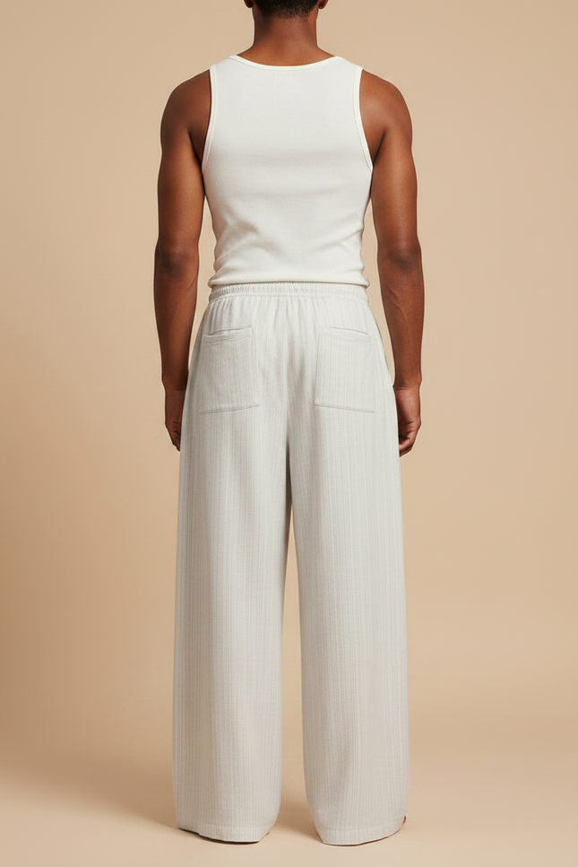 Pantalon Fluide Écru Ample Côtelé Cordon Décontracté - Blanc Cordé - vue 2