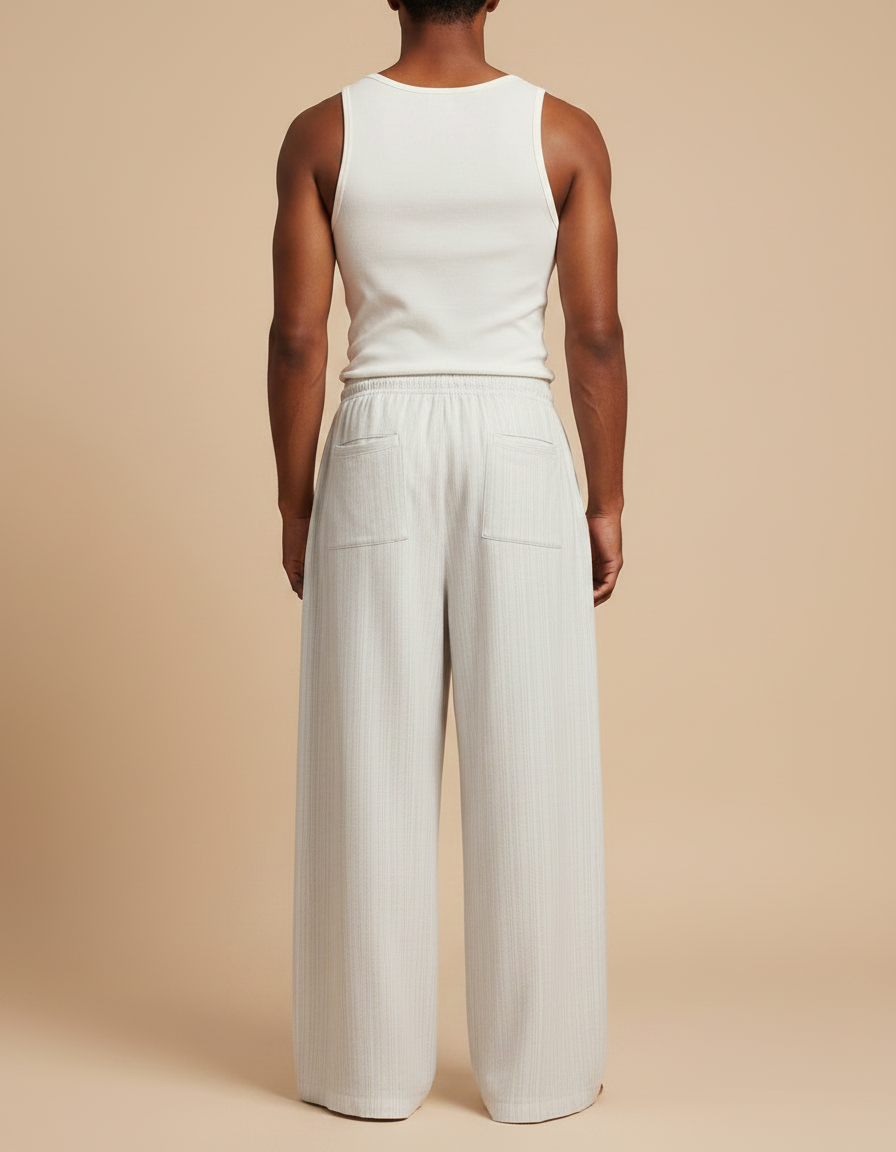 Pantalon Fluide Écru Ample Côtelé Cordon Décontracté - Blanc Cordé - vue 2