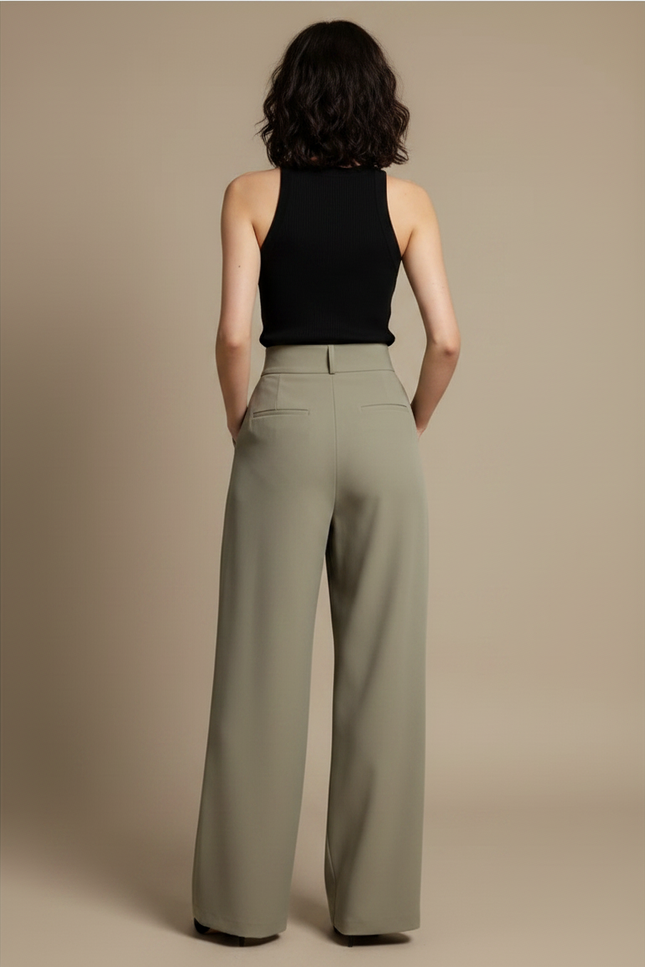 Pantalon Fluide Vert Olive Plissé Ample Décontracté - Kaki Polyester - vue 2