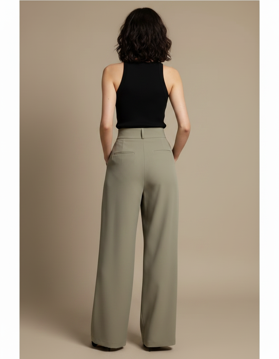 Pantalon Fluide Vert Olive Plissé Ample Décontracté - Kaki Polyester - vue 2