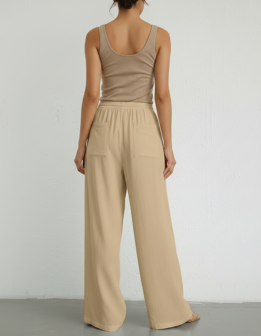 Pantalon Fluide Beige Cordon Ample Décontracté - Lin - vue 2