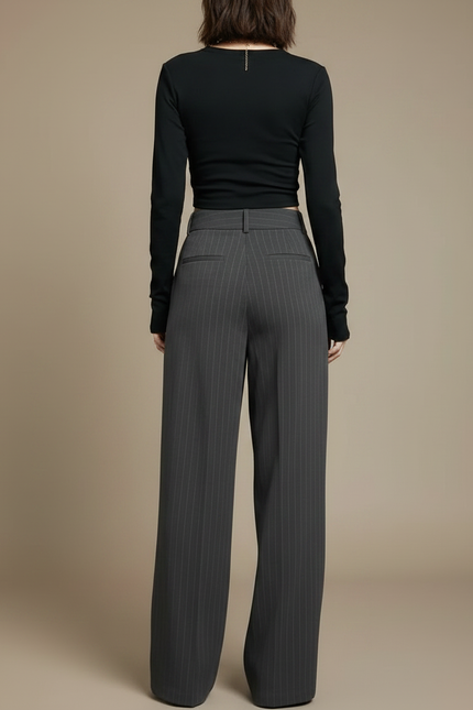 Pantalon Fluide Gris Rayé Taille Haute Ample Élégant - Gabardine - vue 2