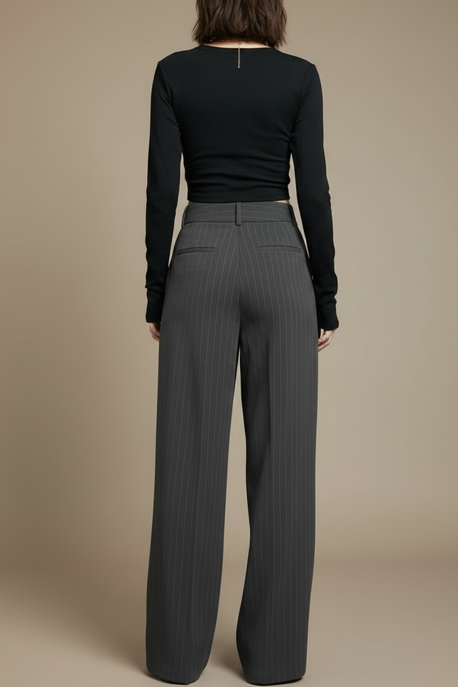 Pantalon Fluide Gris Rayé Taille Haute Ample Élégant - Gabardine - vue 2