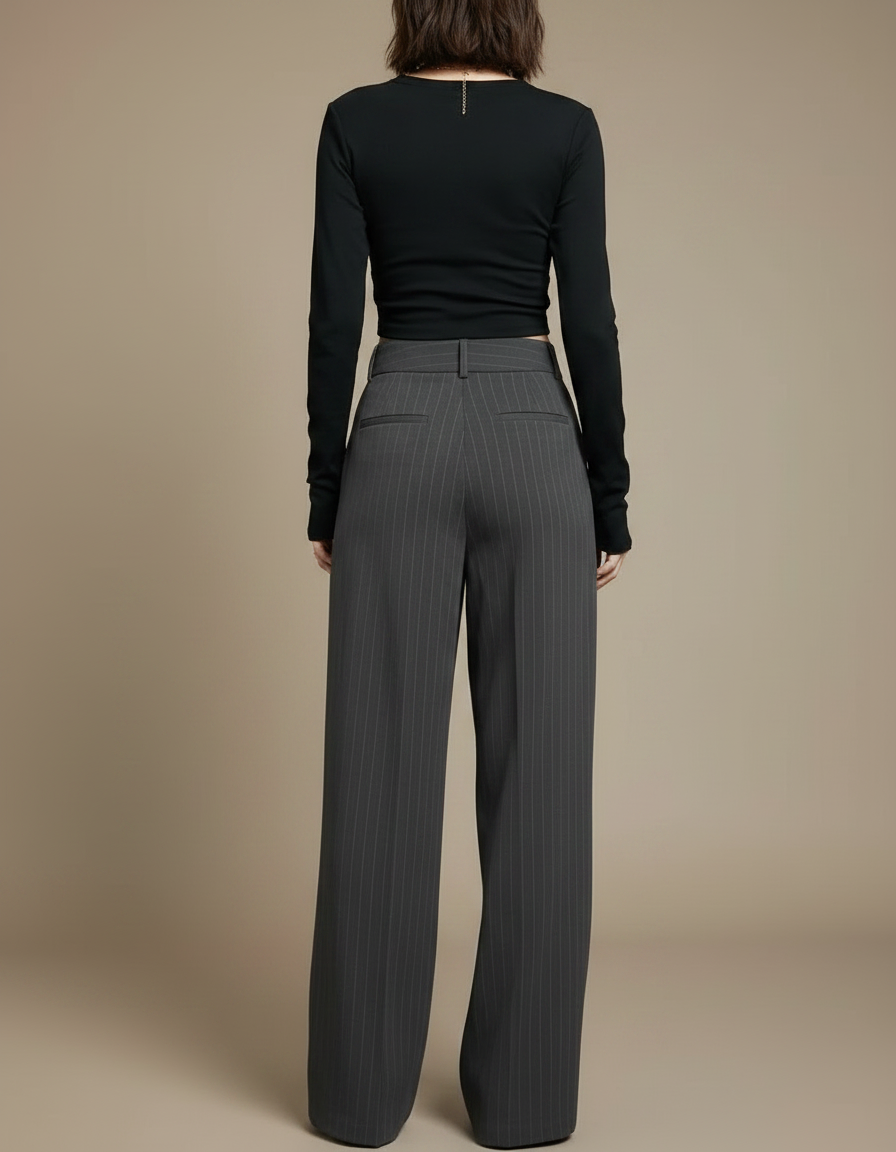 Pantalon Fluide Gris Rayé Taille Haute Ample Élégant - Gabardine - vue 2