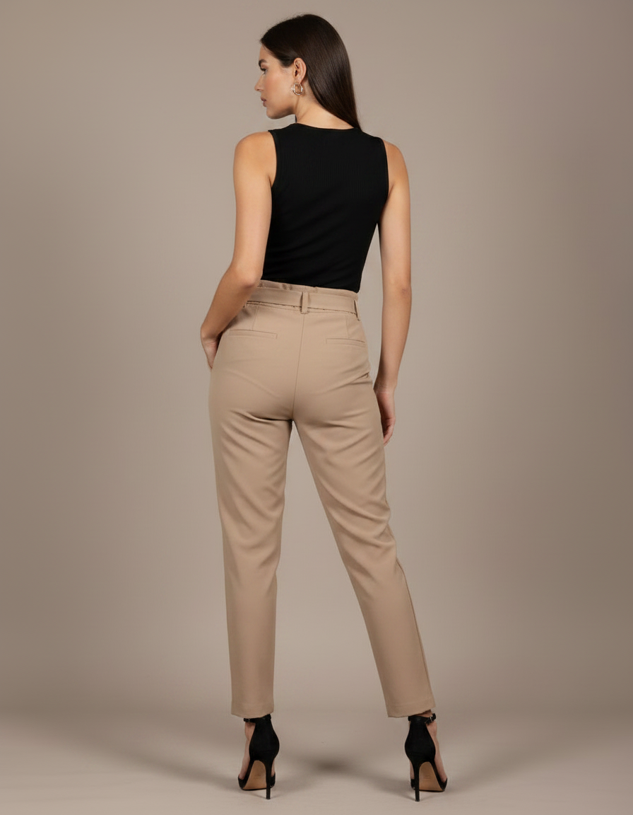 Pantalon Fluide Beige Taille Haute Ceinturé Élégant - Polyester - vue 2