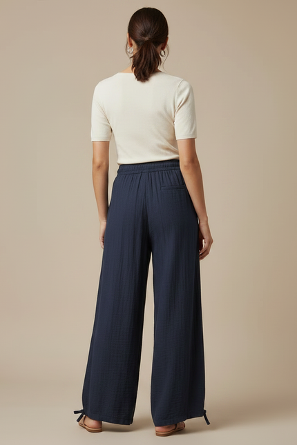 Pantalon Fluide Bleu Marine Ample Coton Cordon Femme - vue 2