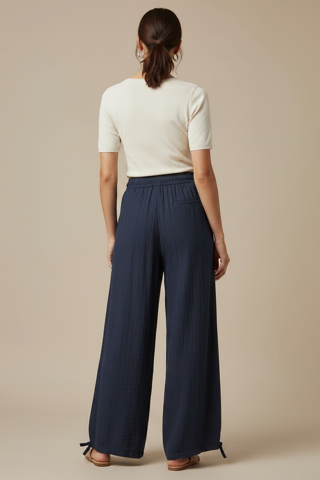 Pantalon Fluide Bleu Marine Ample Coton Cordon Femme - vue 2