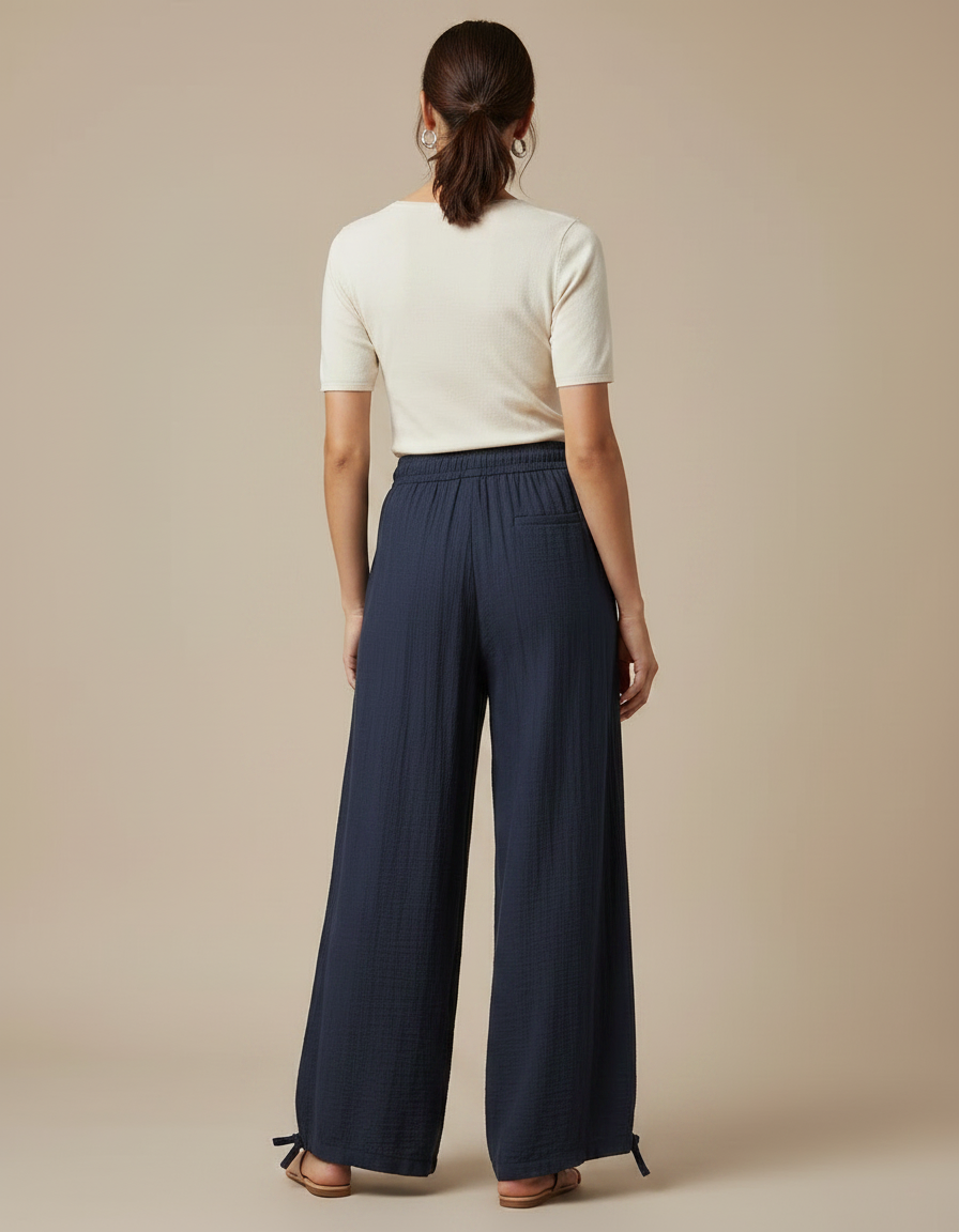 Pantalon Fluide Bleu Marine Ample Coton Cordon Femme - vue 2