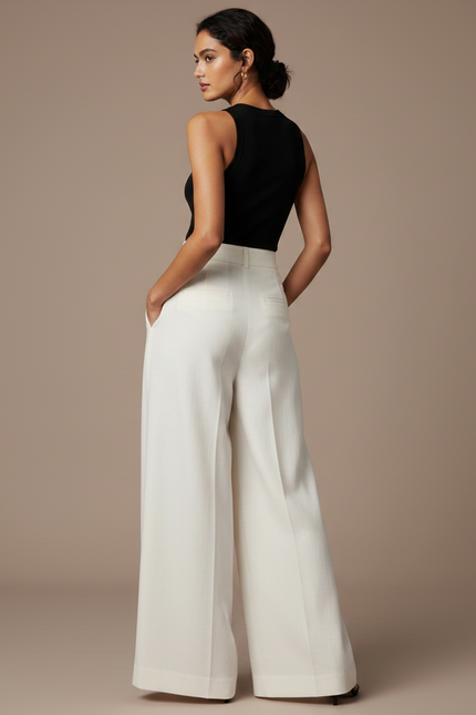 Pantalon Fluide Écru Large Plissé Chic Femme - Blanc Viscose - vue 2