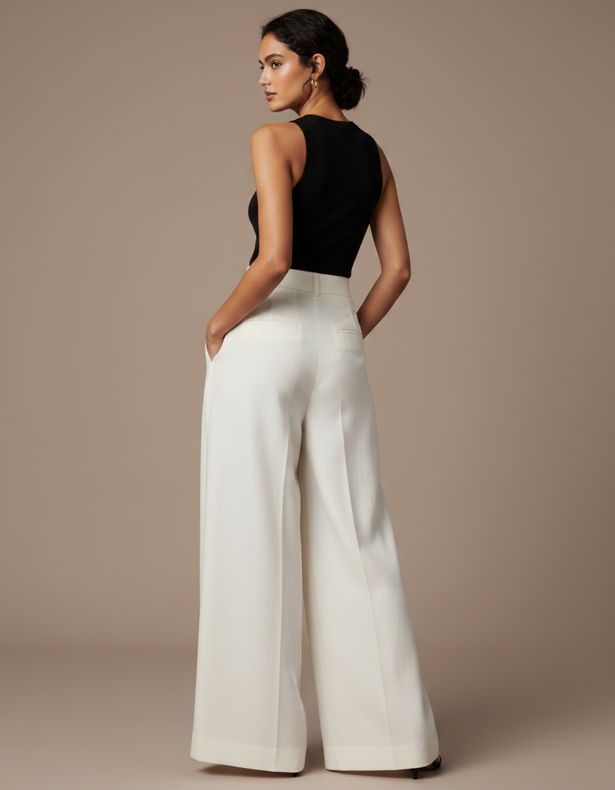 Pantalon Fluide Écru Large Plissé Chic Femme - Blanc Viscose - vue 2