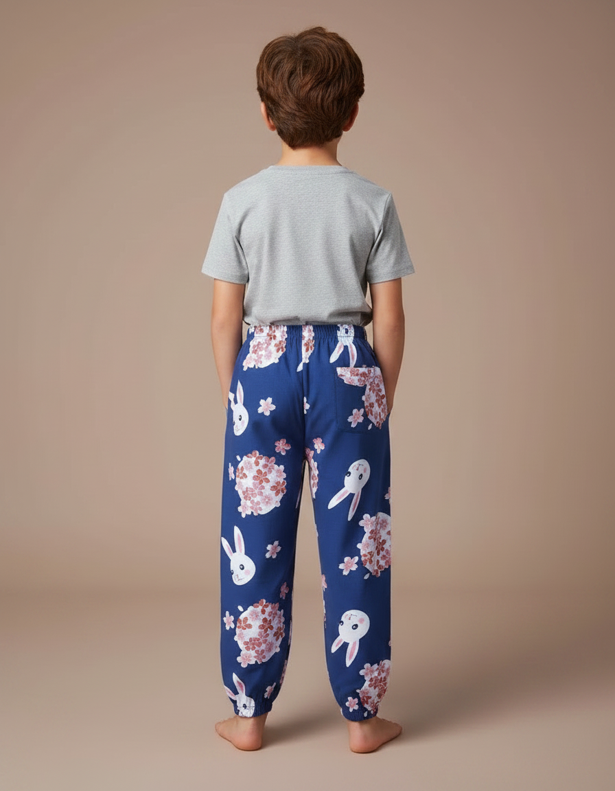 Pantalon Fluide Bleu Lapins Fleurs Ample Enfant - Viscose - vue 2