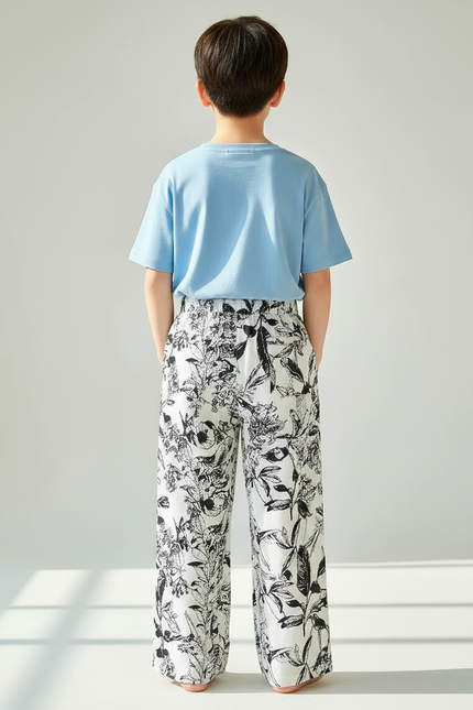 Pantalon Fluide Imprimé Floral Noir Blanc Ample - Viscose - vue 2