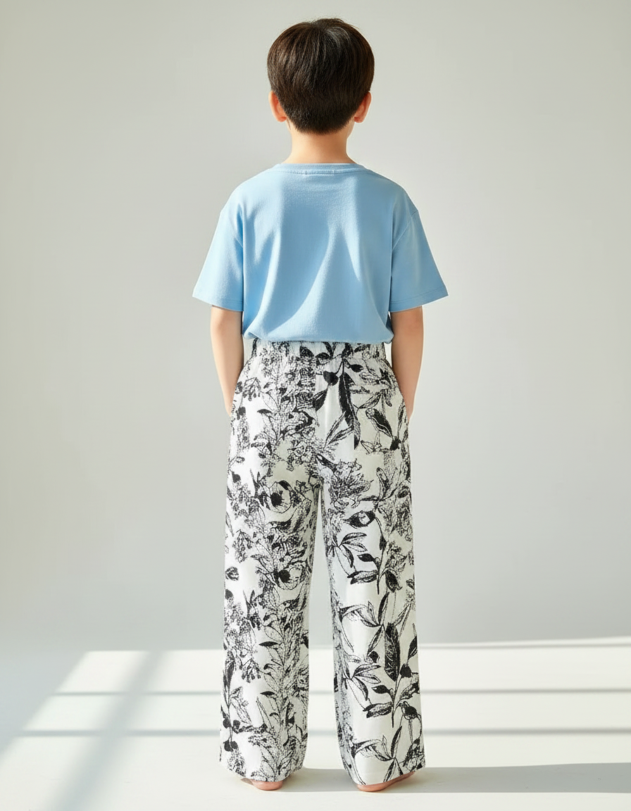 Pantalon Fluide Imprimé Floral Noir Blanc Ample - Viscose - vue 2