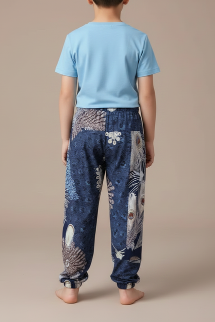 Pantalon Fluide Bleu Marine Imprimé Plumes Ample Coton - vue 2