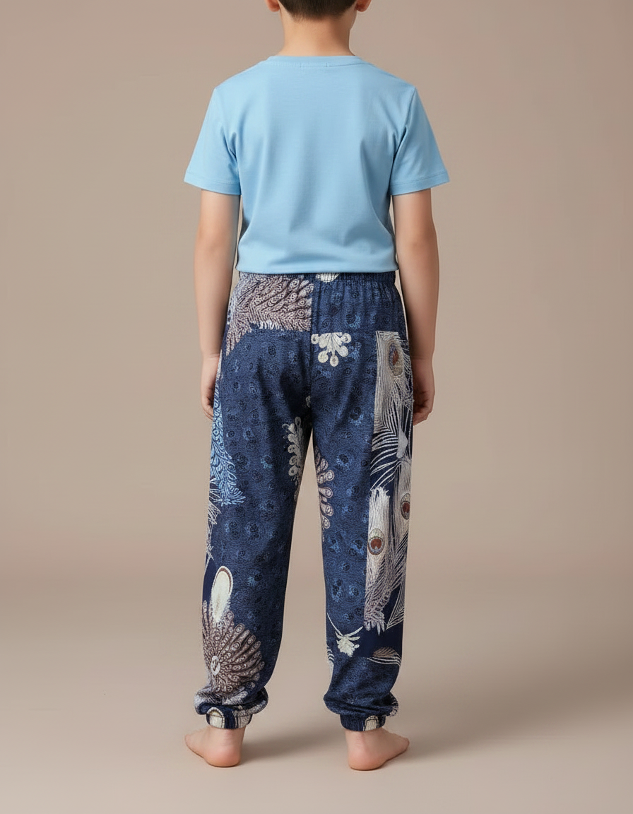 Pantalon Fluide Bleu Marine Imprimé Plumes Ample Coton - vue 2