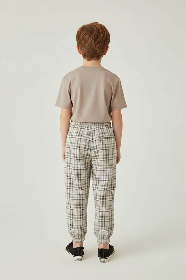 Pantalon Fluide Écru Plaid Ample Décontracté Enfant - Beige Lin - vue 2