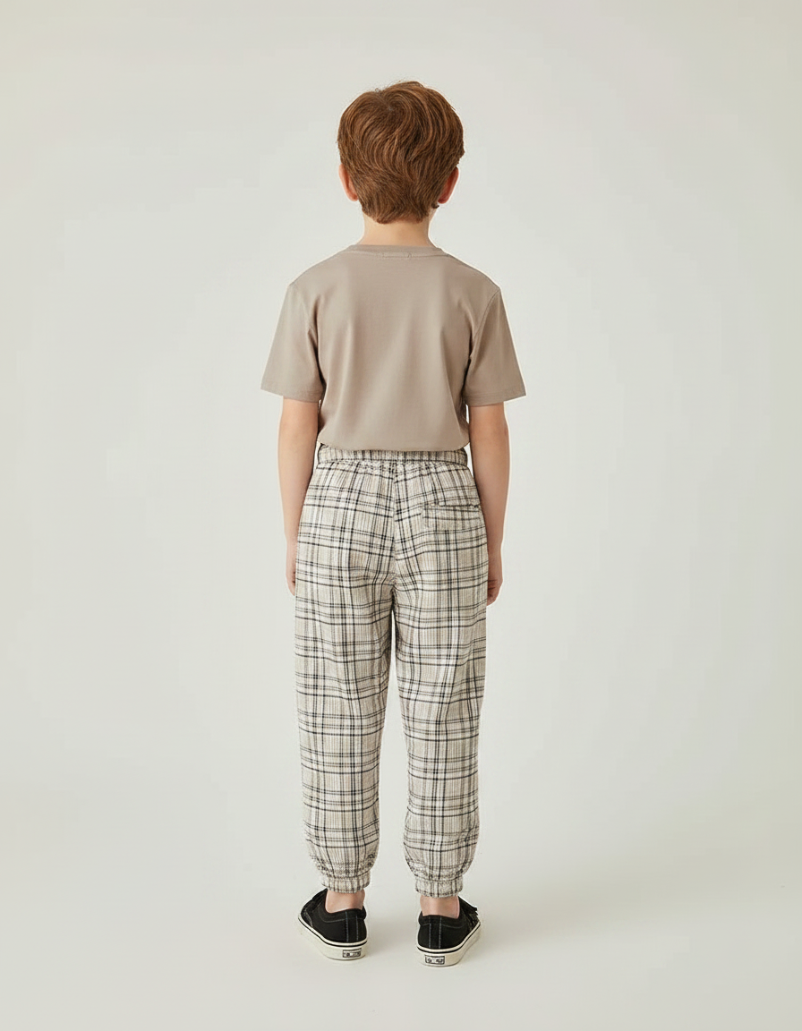 Pantalon Fluide Écru Plaid Ample Décontracté Enfant - Beige Lin - vue 2