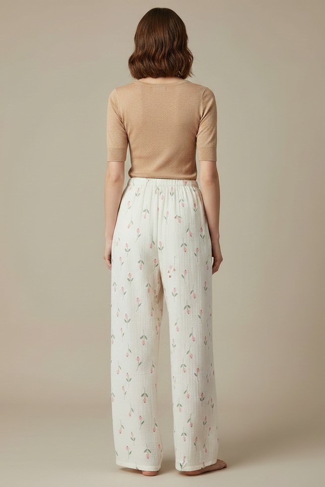 Pantalon Fluide Blanc Imprimé Floral Coton Ample Décontracté - vue 2