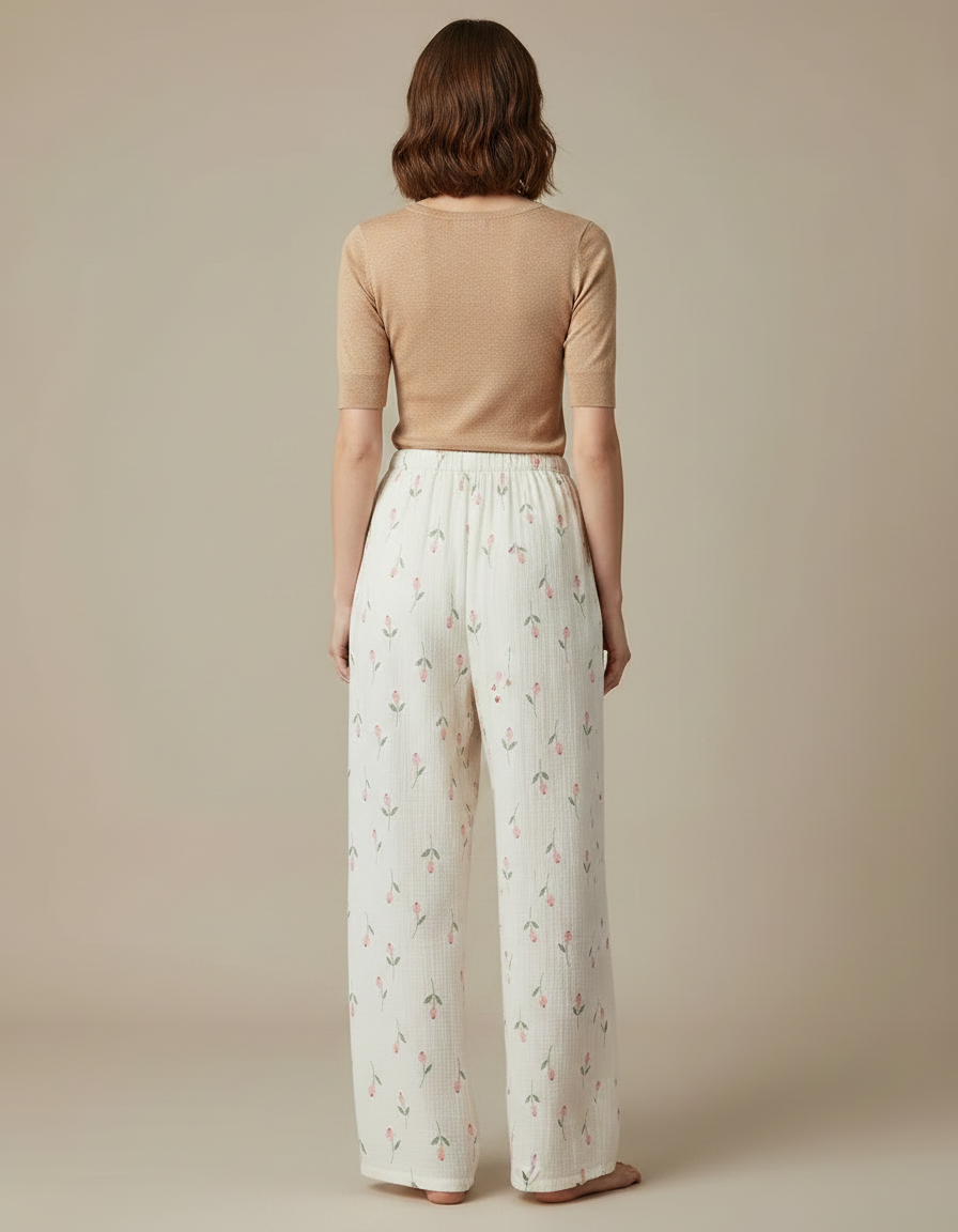 Pantalon Fluide Blanc Imprimé Floral Coton Ample Décontracté - vue 2