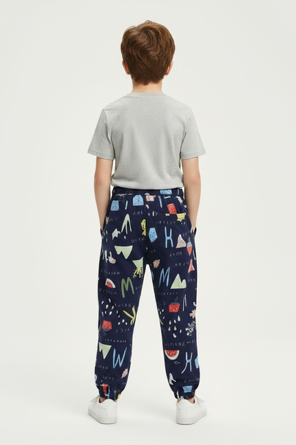 Pantalon Fluide Bleu Marine Imprimé Ludique Coton Garçon - vue 2
