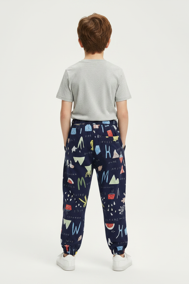 Pantalon Fluide Bleu Marine Imprimé Ludique Coton Garçon - vue 2