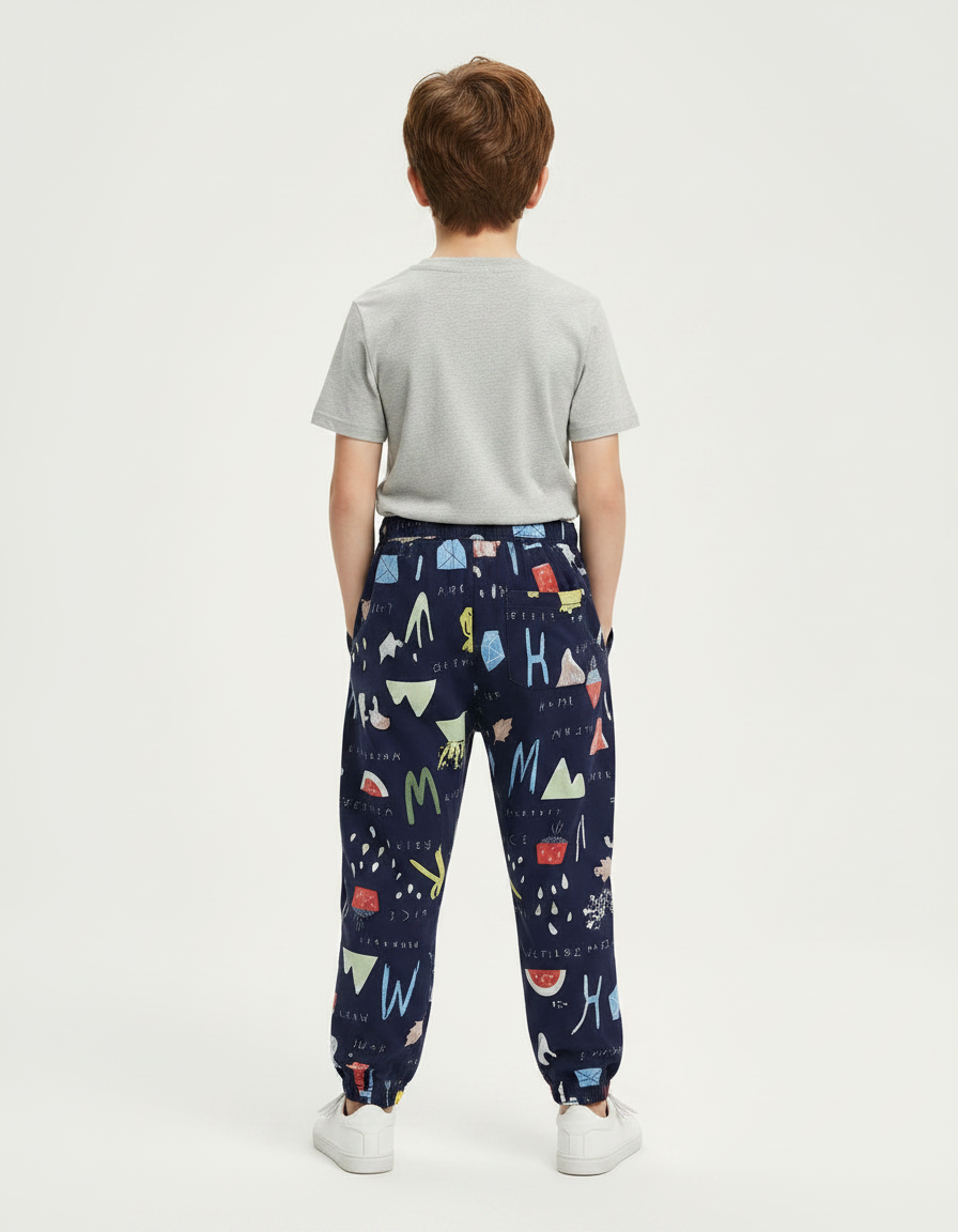 Pantalon Fluide Bleu Marine Imprimé Ludique Coton Garçon - vue 2