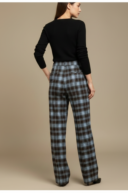 Pantalon Fluide Carreaux Marron Bleu Ample Décontracté - Multicolore Tweed - vue 2