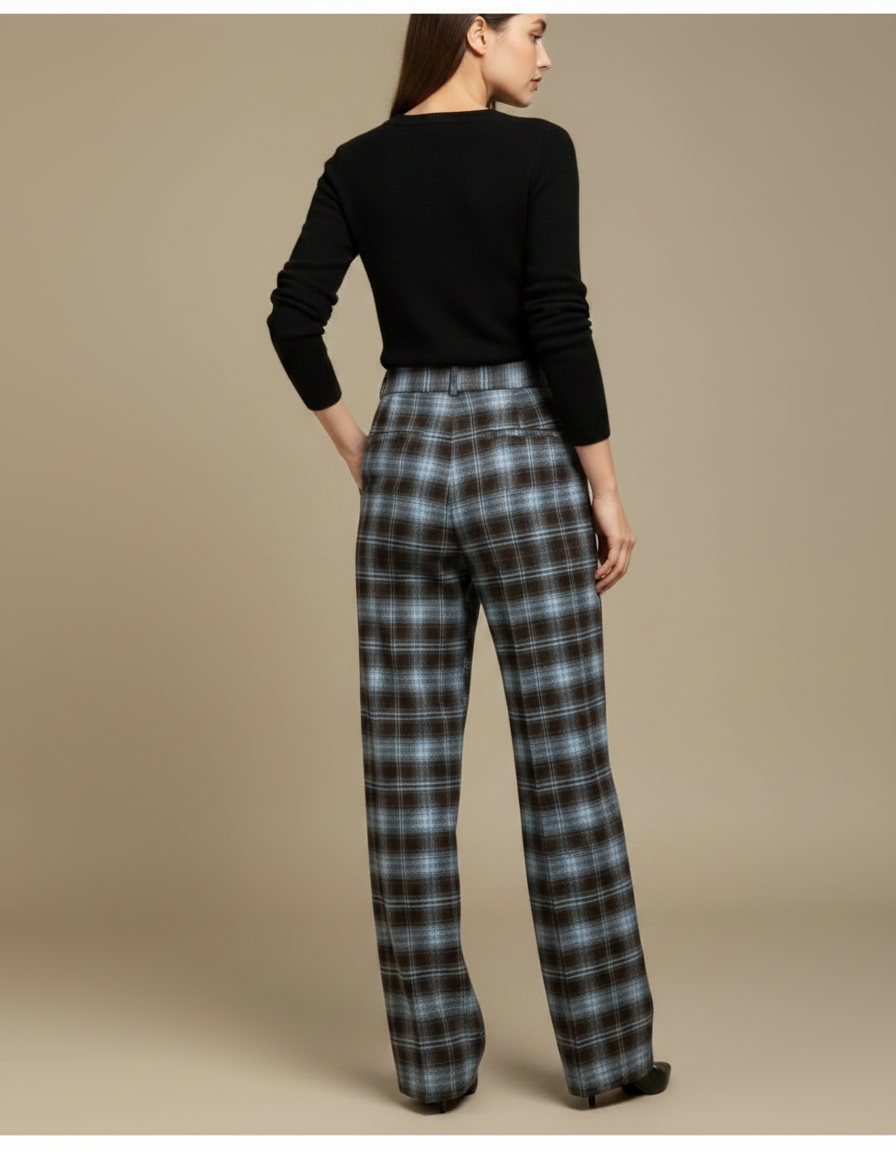 Pantalon Fluide Carreaux Marron Bleu Ample Décontracté - Multicolore Tweed - vue 2