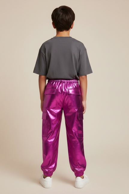 Pantalon Fluide Métallique Brillant Cargo Garçon Fille - Rose Polyester - vue 2